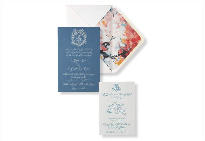 monogram wedding invitation design with abstract art envelope liner lowcountry paper co